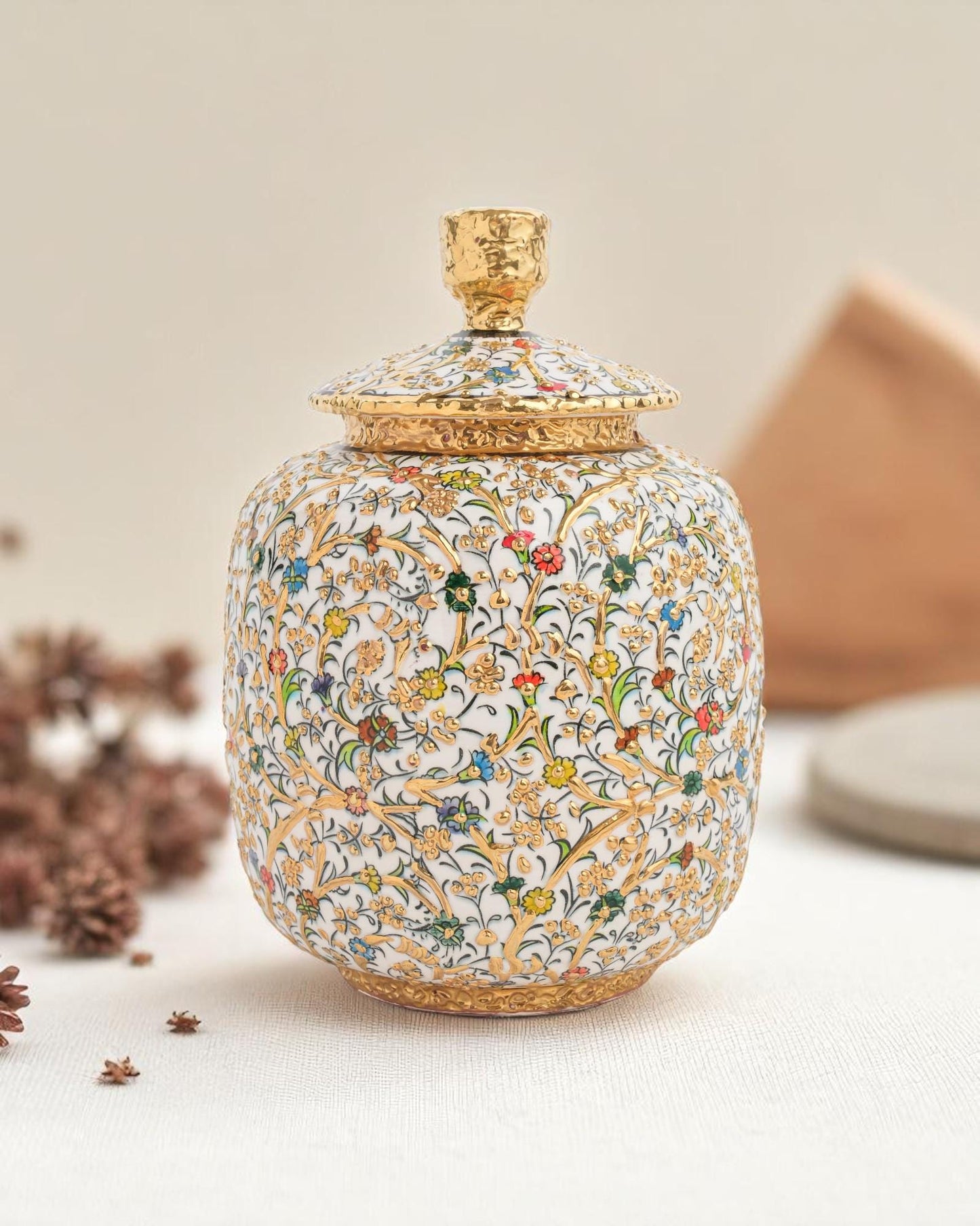 Hand Painted Turkish Ceramic Jar with 24K Gold: Ottoman Floral Lidded Pot