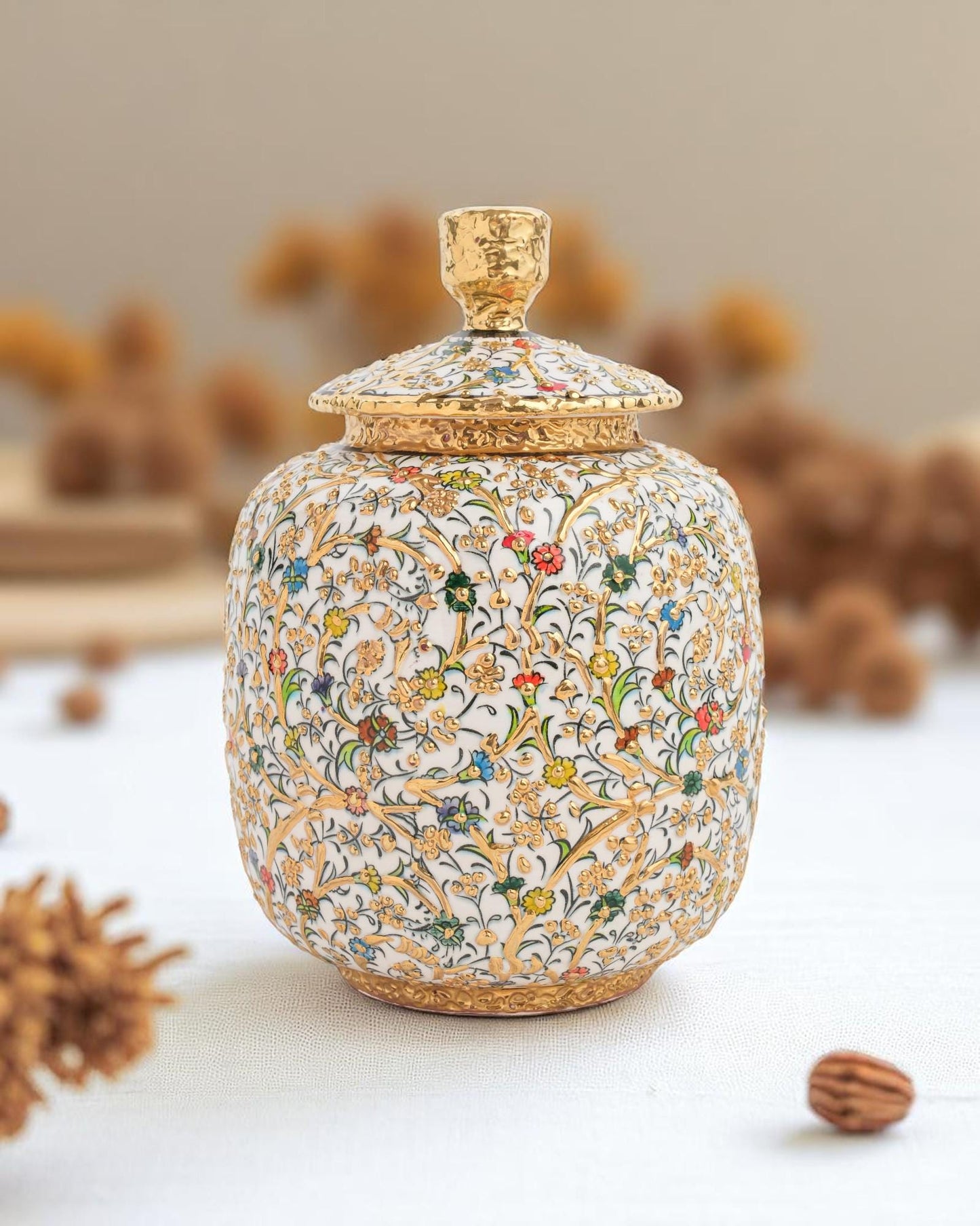 Hand Painted Turkish Ceramic Jar with 24K Gold: Ottoman Floral Lidded Pot