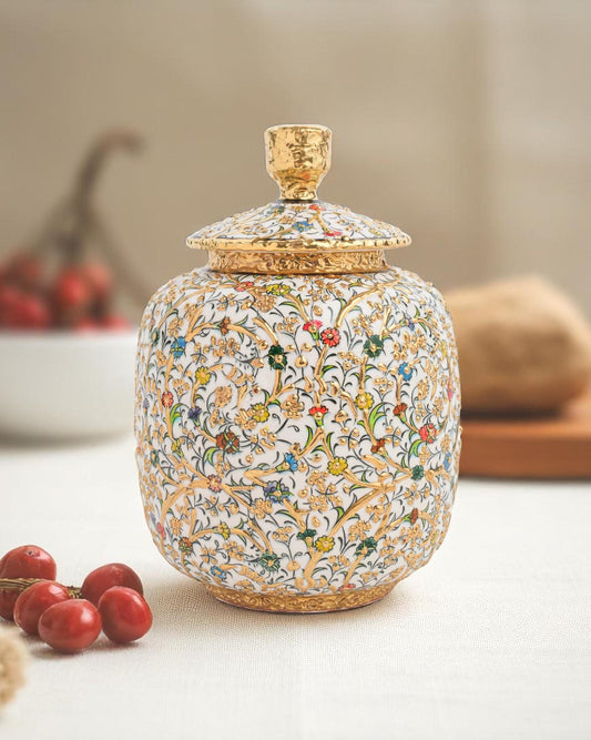 Hand Painted Turkish Ceramic Jar with 24K Gold: Ottoman Floral Lidded Pot