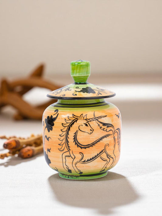 Hand Painted Ceramic Jar with Unicorn Design, Colorful Lidded Pot, Whimsical Decorative Storage Container