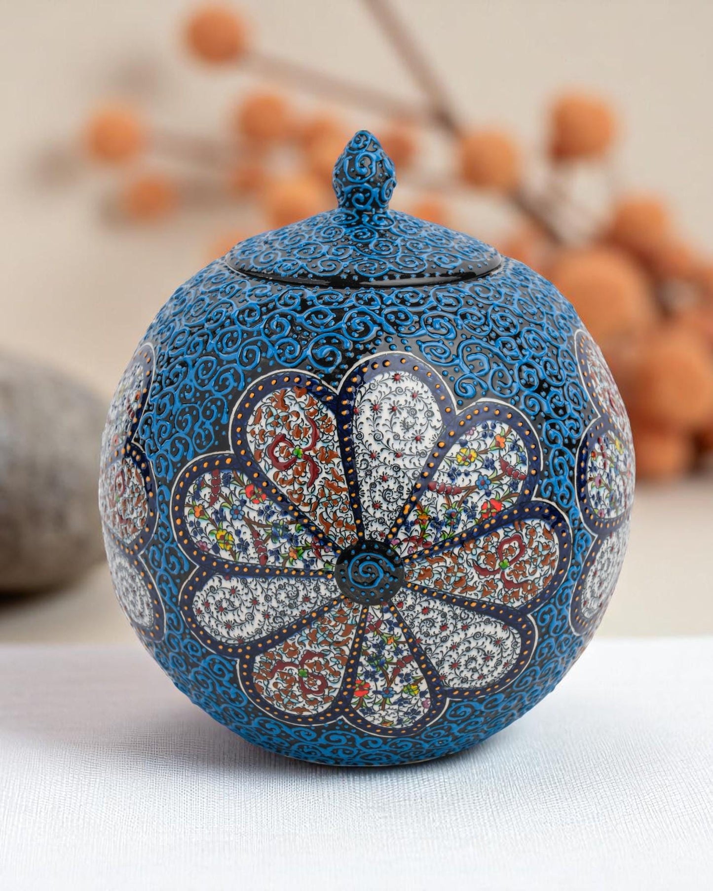 Handmade Ceramic Sphere: Blue Floral Ottoman Pottery Art