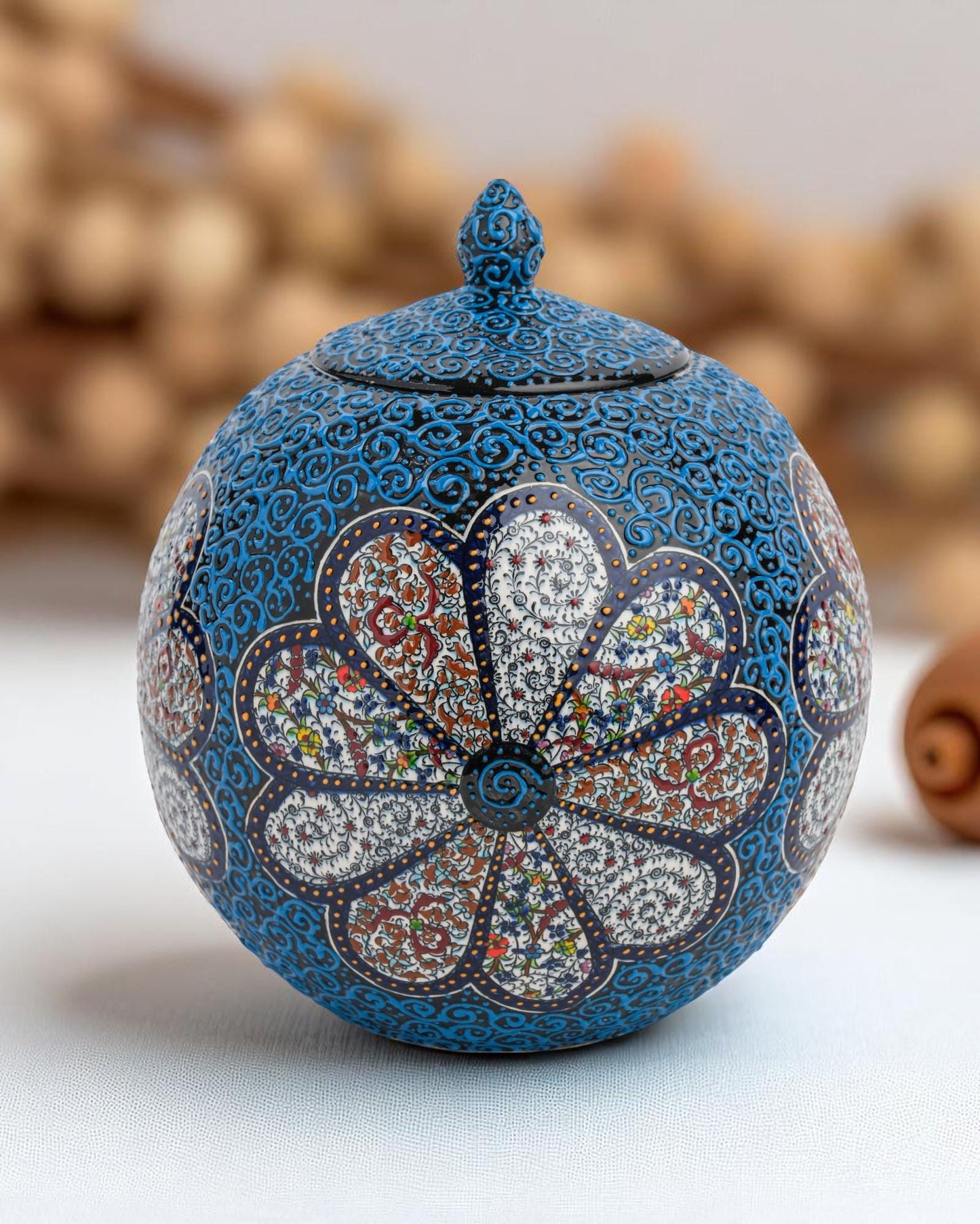 Handmade Ceramic Sphere: Blue Floral Ottoman Pottery Art