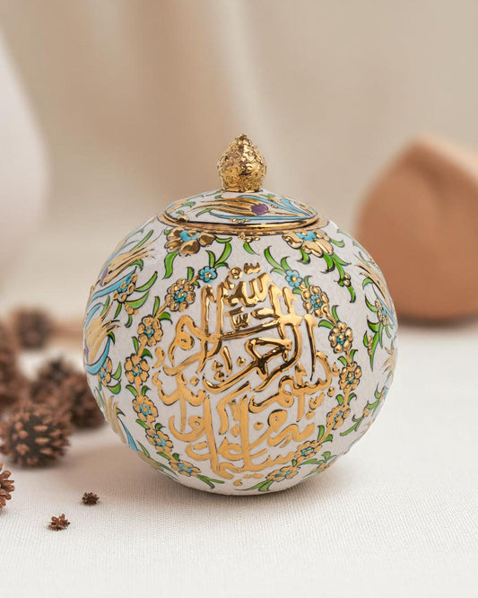 24K Gold Islamic Calligraphy Ceramic Globe: Ottoman Floral Pottery