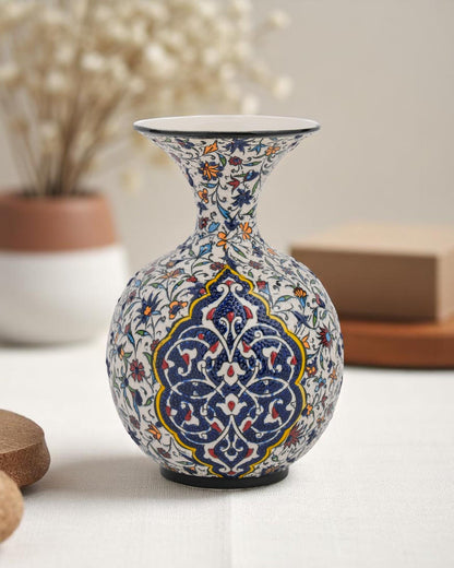 Handmade Iznik Ceramic Vase: Turkish Floral Pottery, Blue & Red