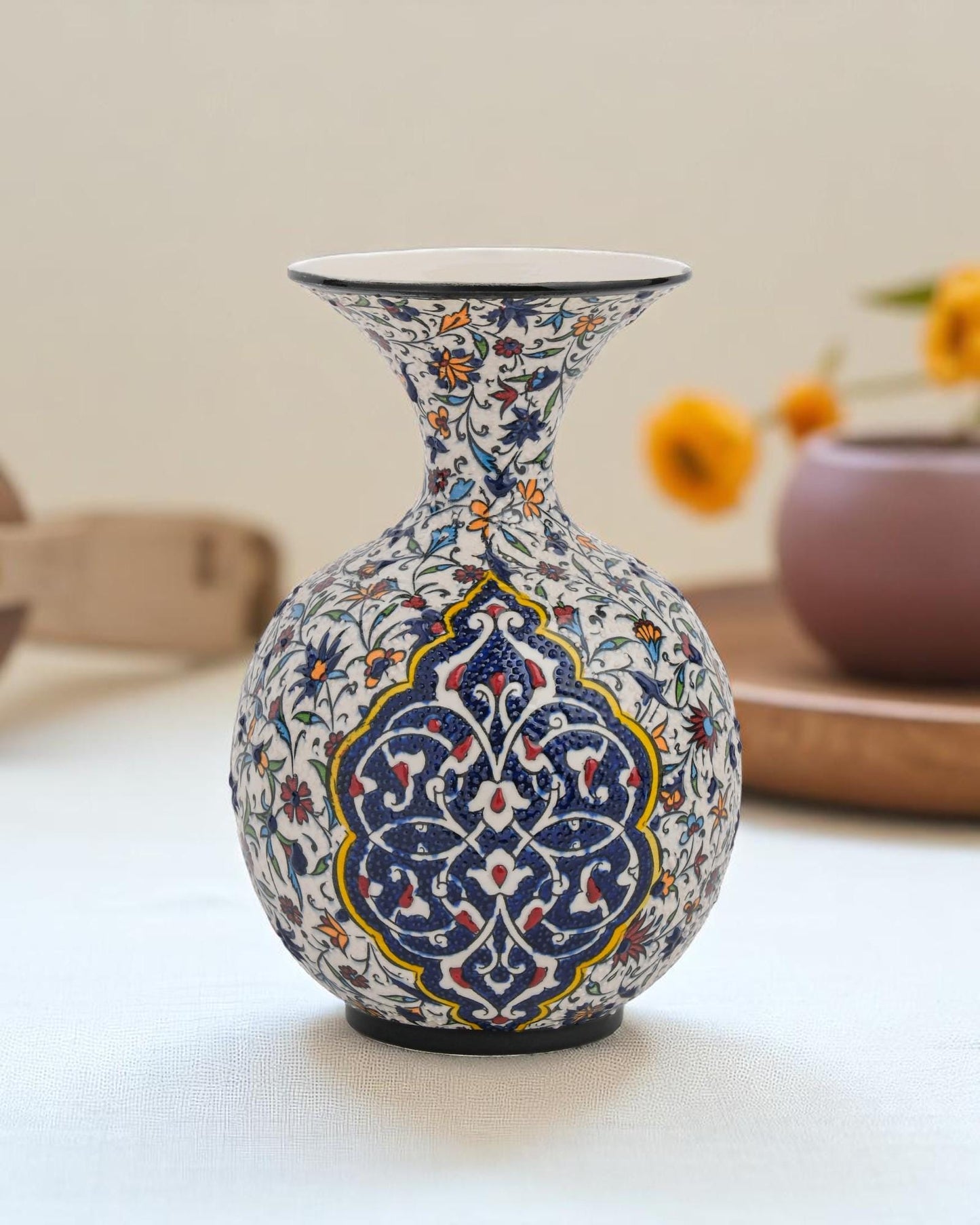 Handmade Iznik Ceramic Vase: Turkish Floral Pottery, Blue & Red
