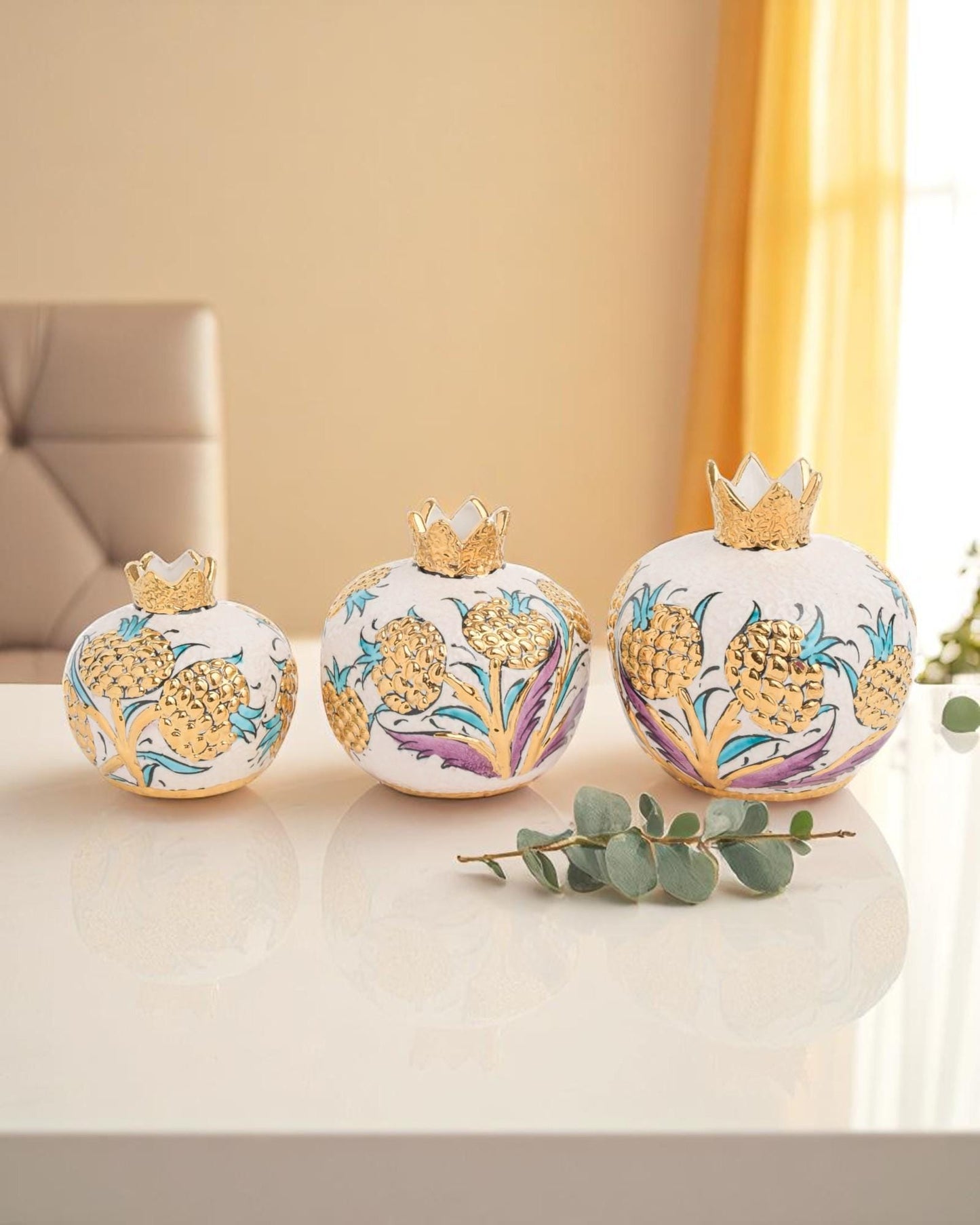 24K Gold Ceramic Pomegranate Set: Turkish Pottery Home Decor