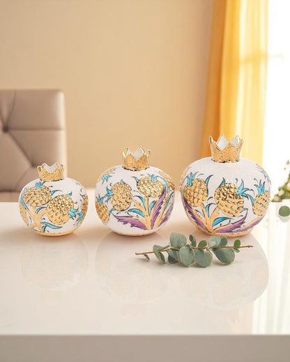 24K Gold Ceramic Pomegranate Set: Turkish Pottery Home Decor