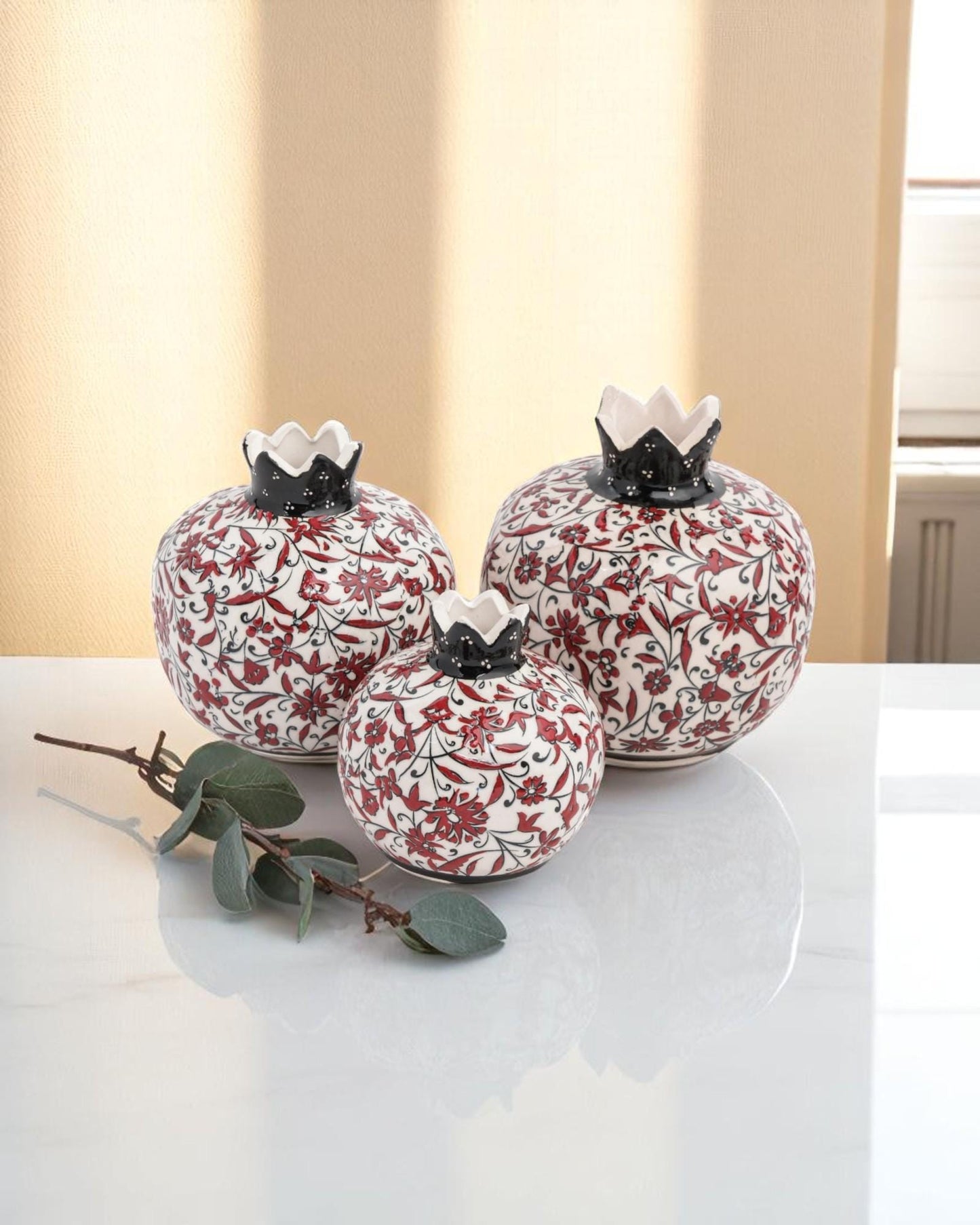 Handmade Ceramic Pomegranate Set: Turkish Iznik Style Floral Decor