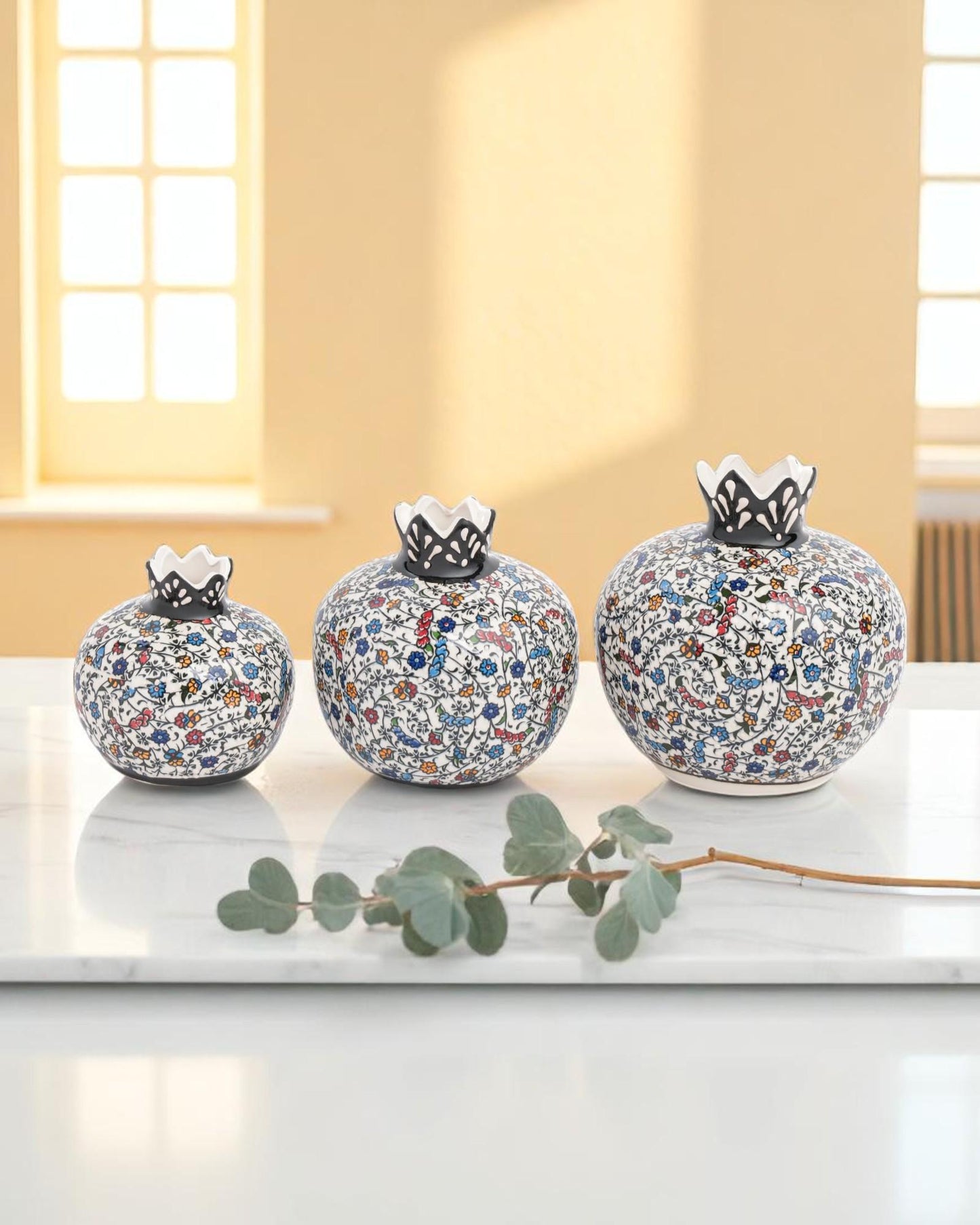 Handmade Ceramic Pomegranate Set of 3: Turkish Iznik Floral Decor