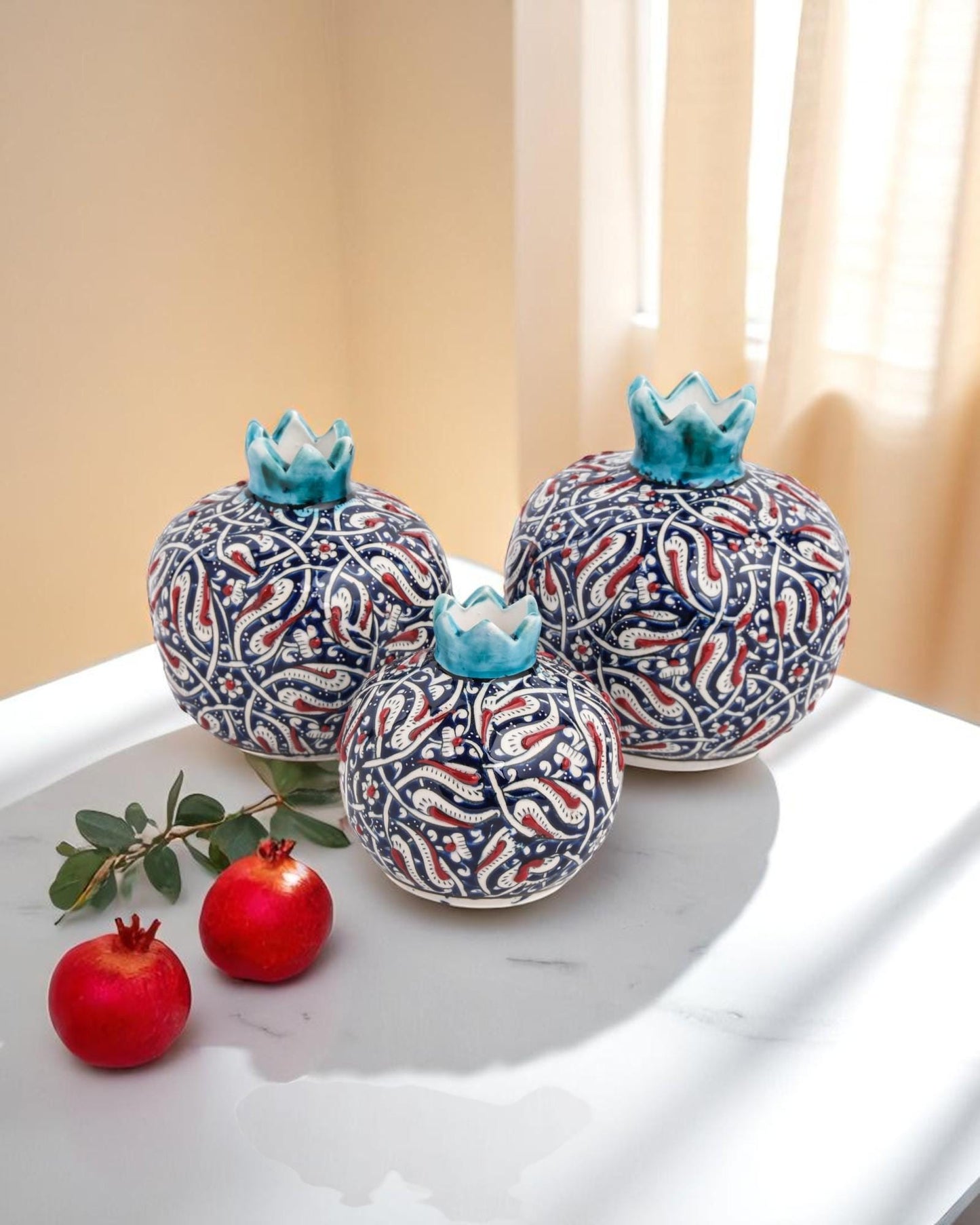 Handmade Ceramic Pomegranate Set: Turkish Iznik Tulip Design, Blue & Red Home Decor