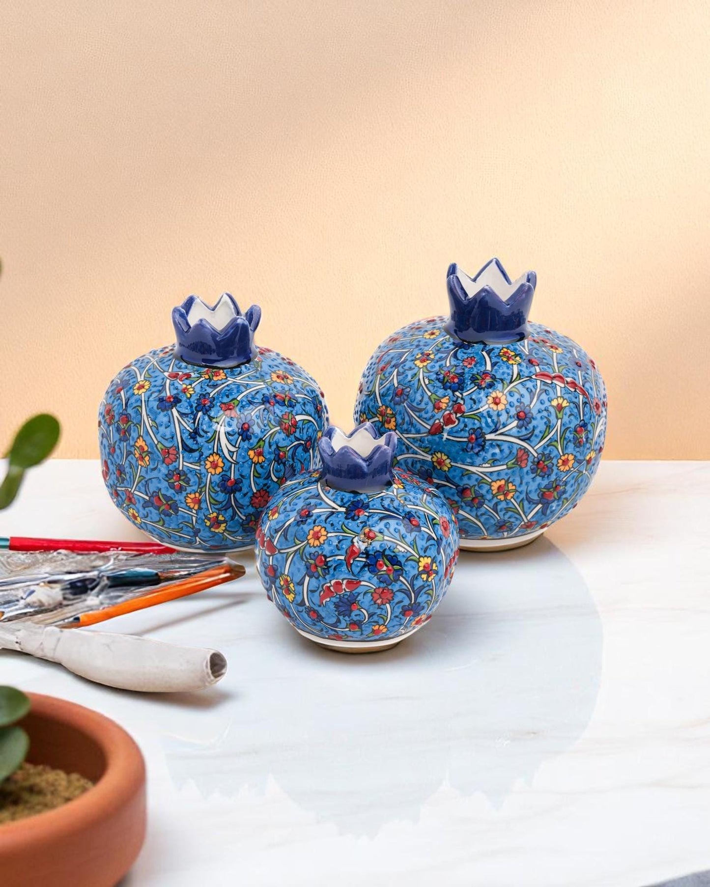Handmade Ceramic Pomegranate Set of 3: Turkish Iznik Floral Ornaments