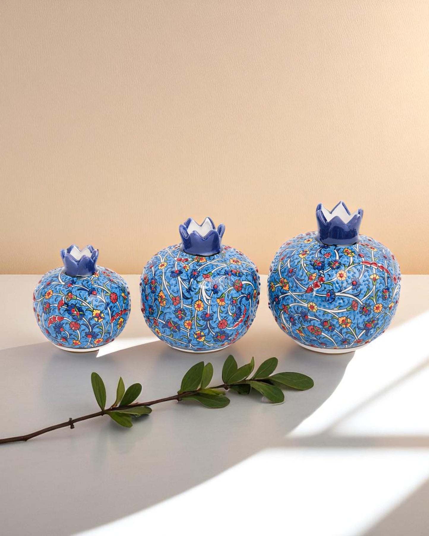 Handmade Ceramic Pomegranate Set of 3: Turkish Iznik Floral Ornaments