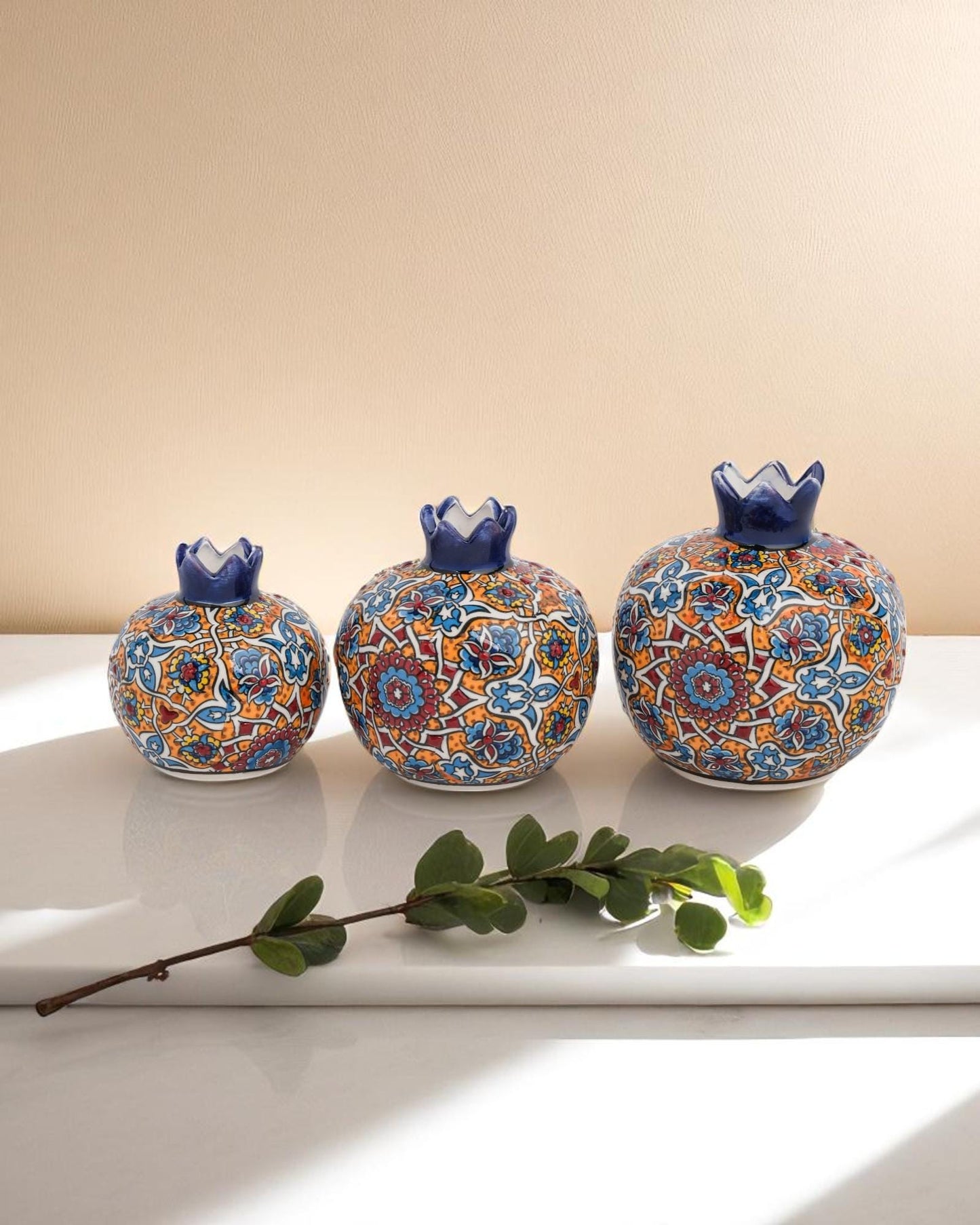 Handmade Ceramic Pomegranate Set: Turkish Iznik Floral Decor