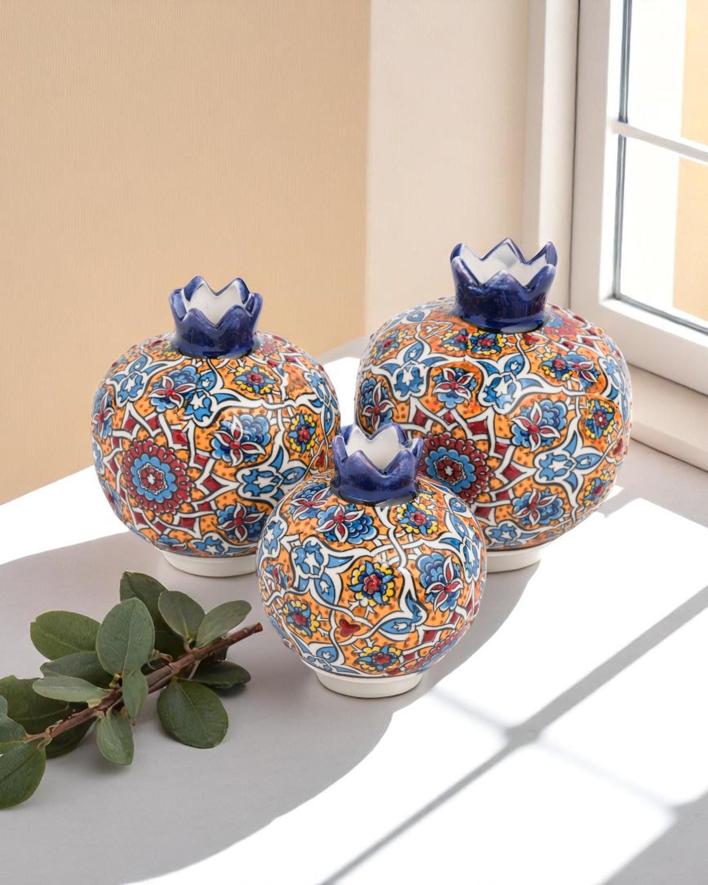 Handmade Ceramic Pomegranate Set: Turkish Iznik Floral Decor