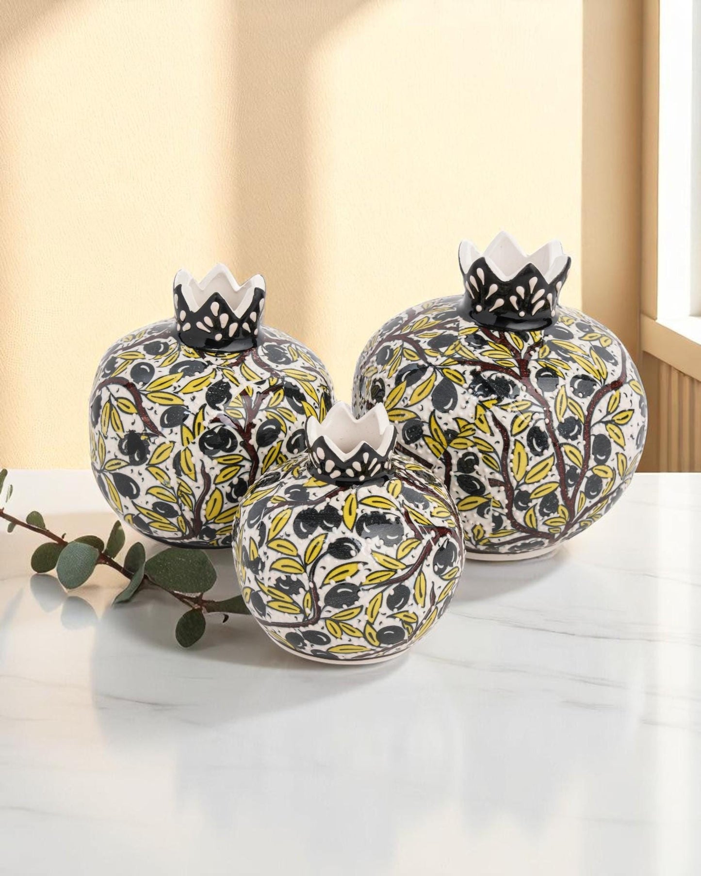 Handmade Ceramic Pomegranate Set of 3: Turkish Iznik Olive Branch Design
