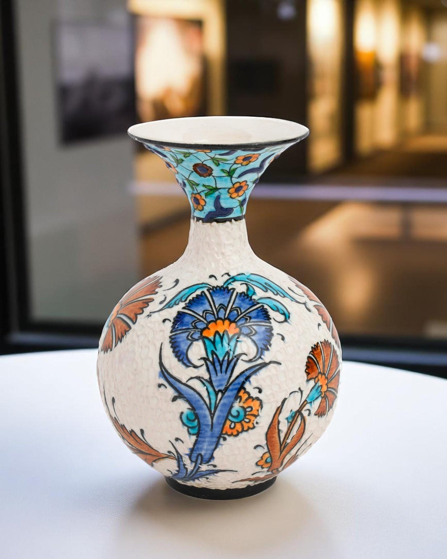 Hand Painted Turkish Ceramic Vase: Iznik Floral Ottoman Decor