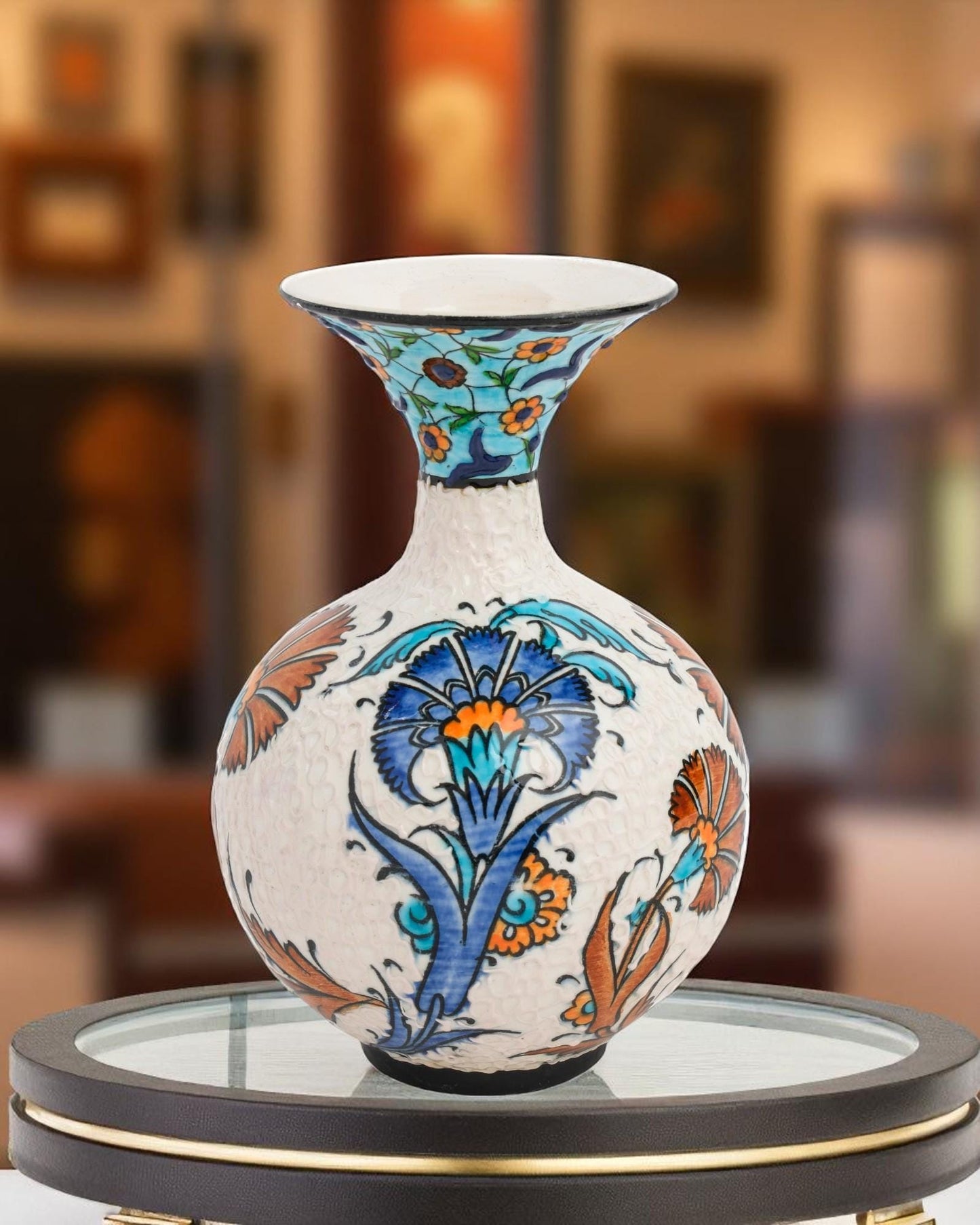 Hand Painted Turkish Ceramic Vase: Iznik Floral Ottoman Decor