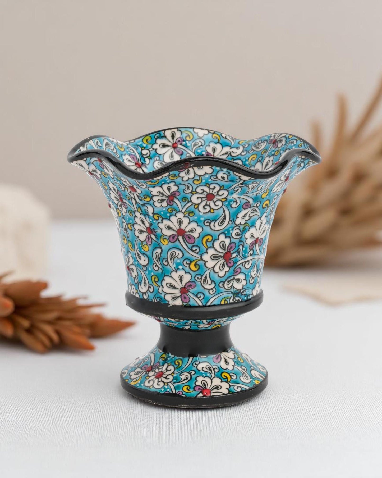 Hand Painted Turkish Pedestal Vase: Blue Floral Ottoman Decor