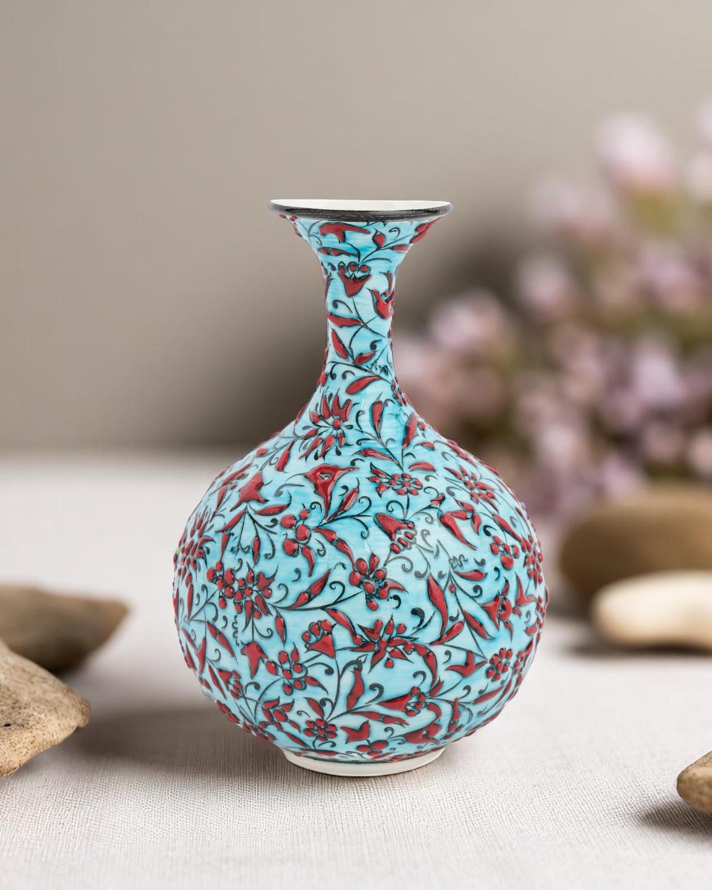 Hand-Painted Turkish Ceramic Vase: Red Floral Ottoman Decor