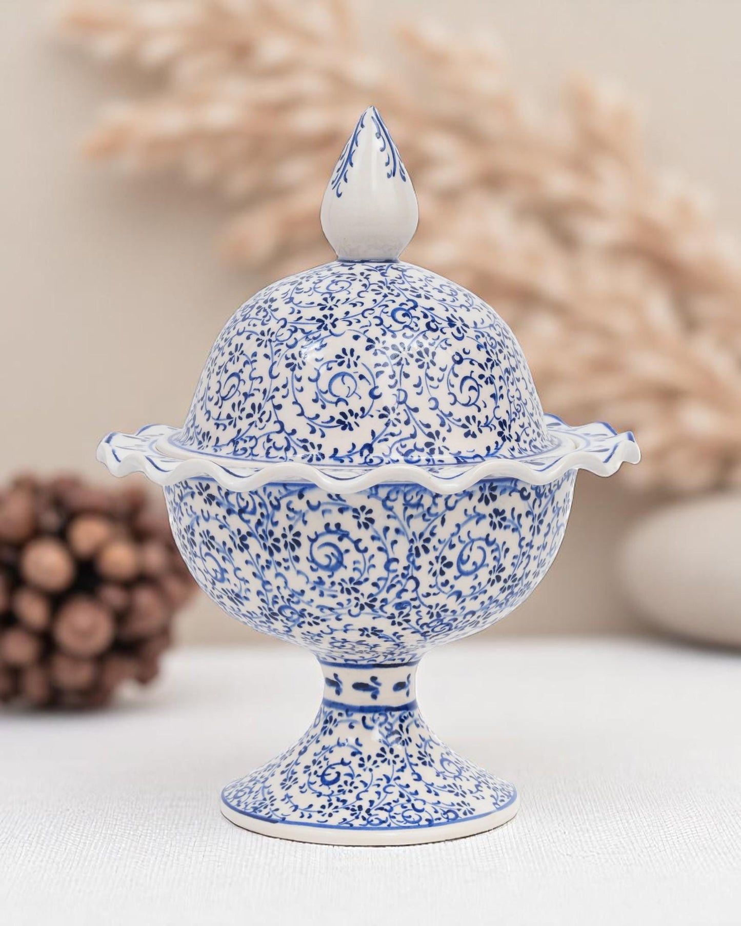Hand Painted Turkish Ceramic Candy Dish: Ottoman Style Blue Floral Bowl