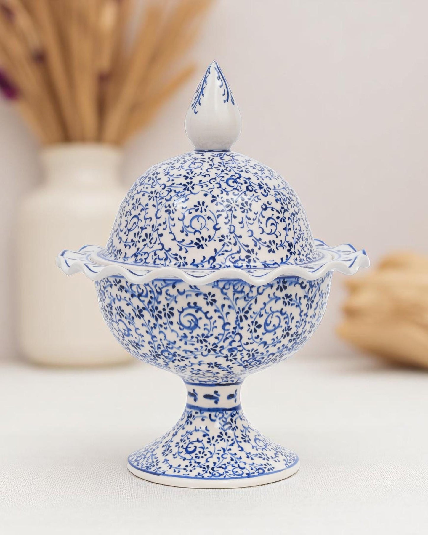 Hand Painted Turkish Ceramic Candy Dish: Ottoman Style Blue Floral Bowl