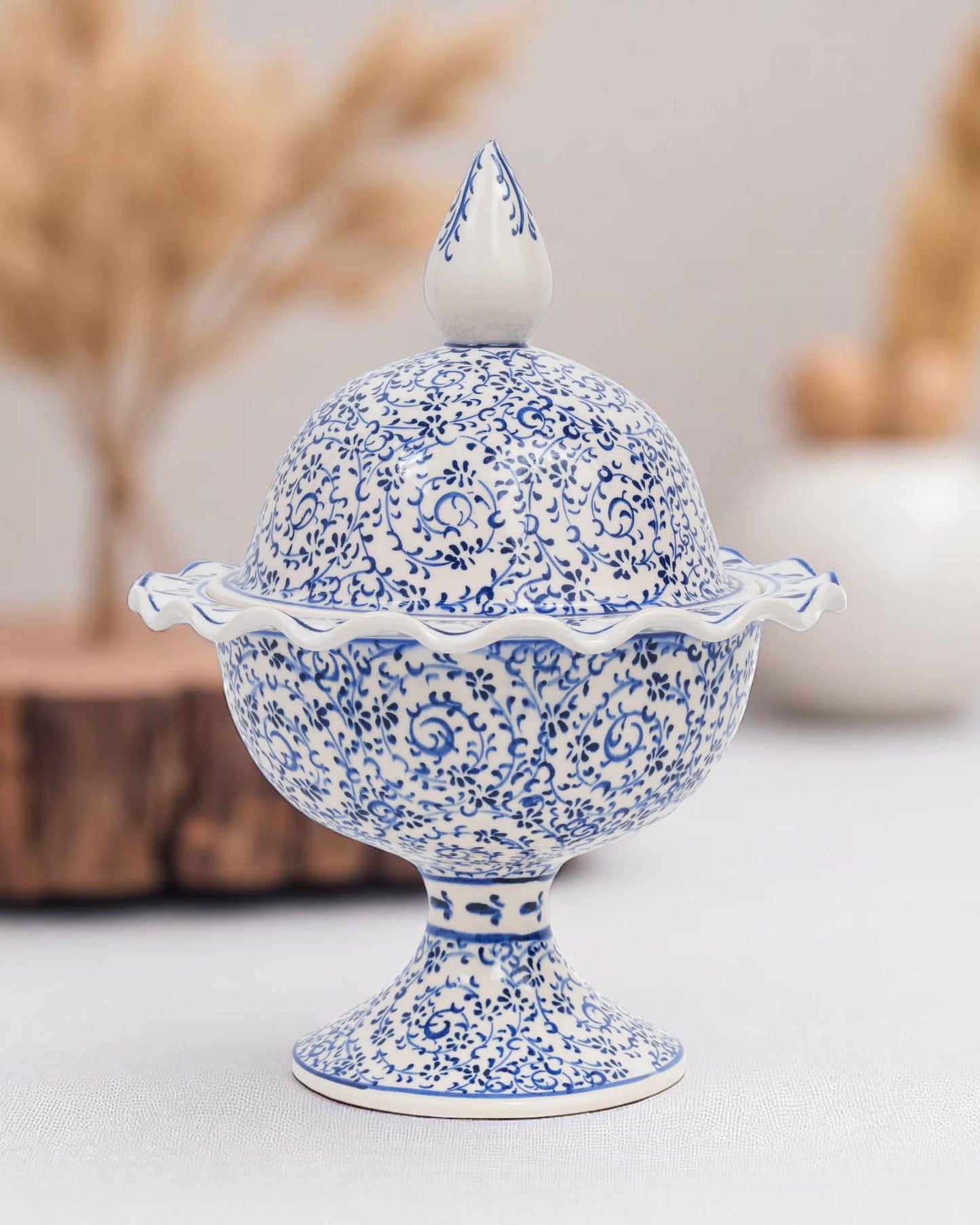 Hand Painted Turkish Ceramic Candy Dish: Ottoman Style Blue Floral Bowl