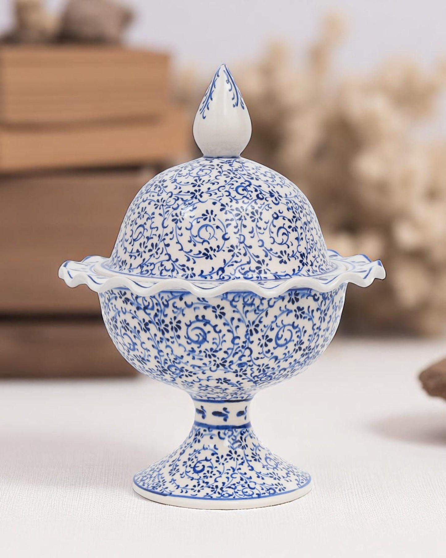 Hand Painted Turkish Ceramic Candy Dish: Ottoman Style Blue Floral Bowl