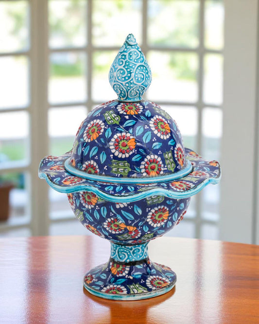 Hand Painted Turkish Ceramic Candy Dish: Ottoman Style Pedestal Bowl