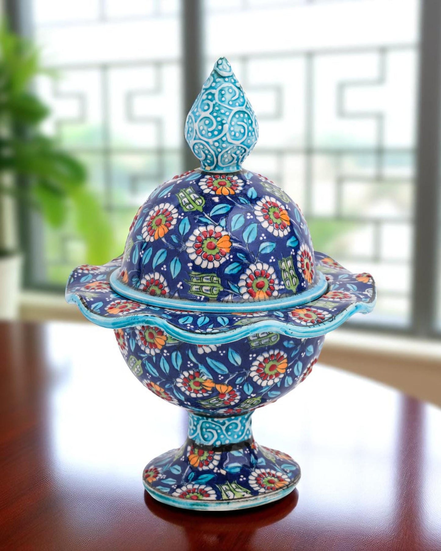 Hand Painted Turkish Ceramic Candy Dish: Ottoman Style Pedestal Bowl
