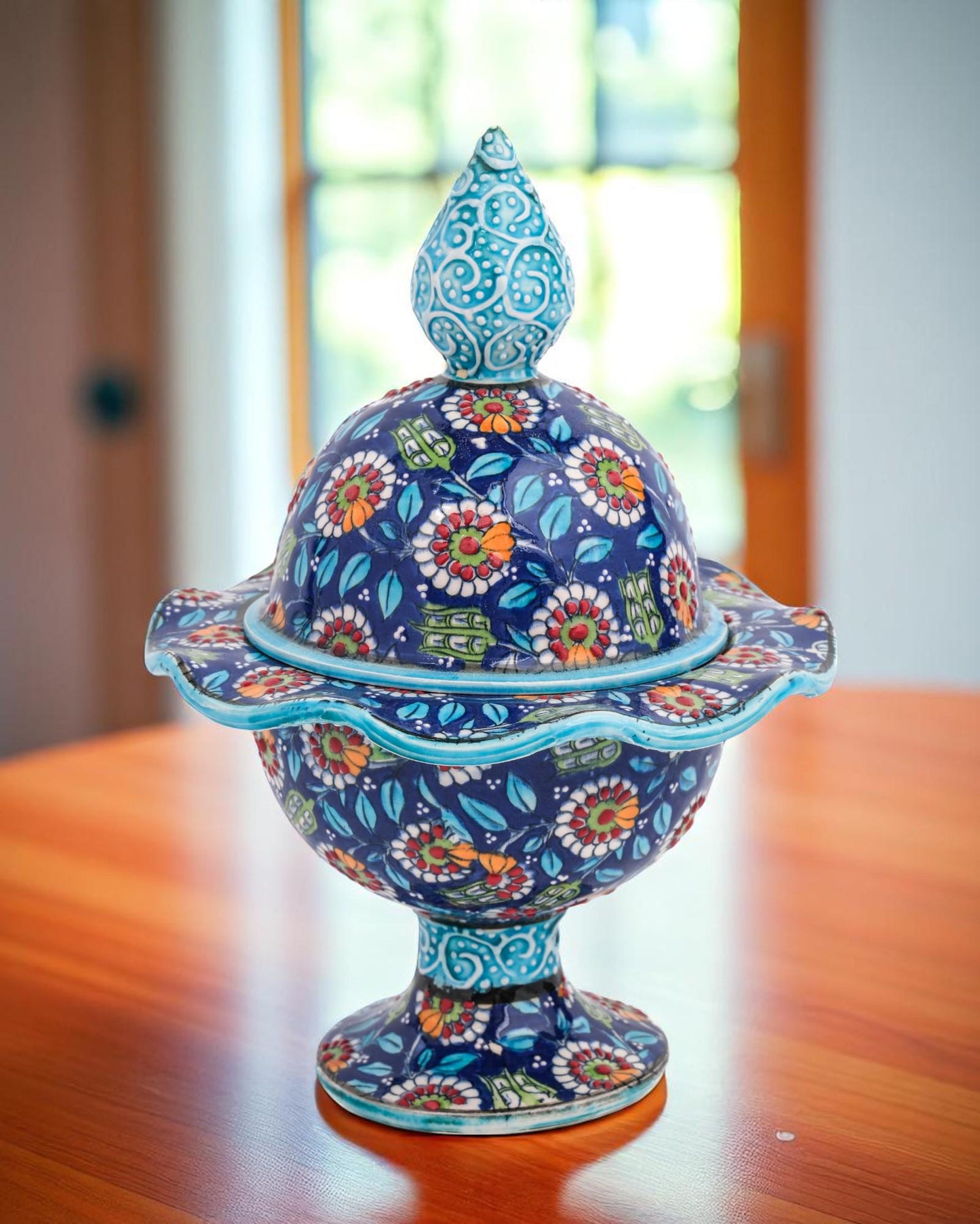 Hand Painted Turkish Ceramic Candy Dish: Ottoman Style Pedestal Bowl