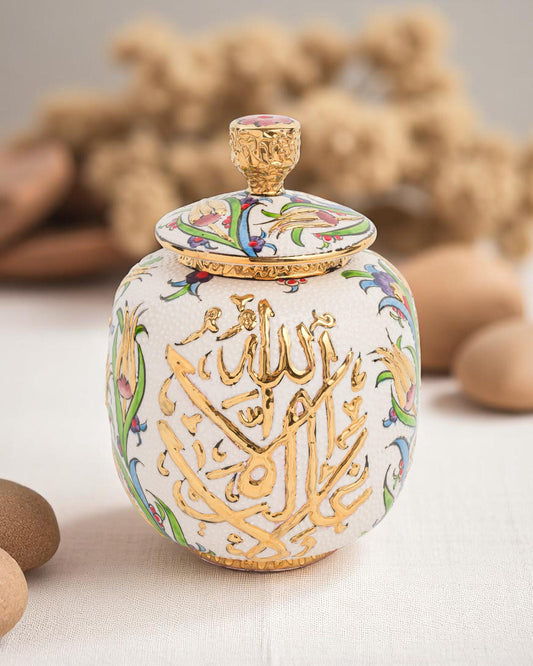 Hand Painted Turkish Ceramic Jar: 24K Gold Ottoman Calligraphy Lidded Pot