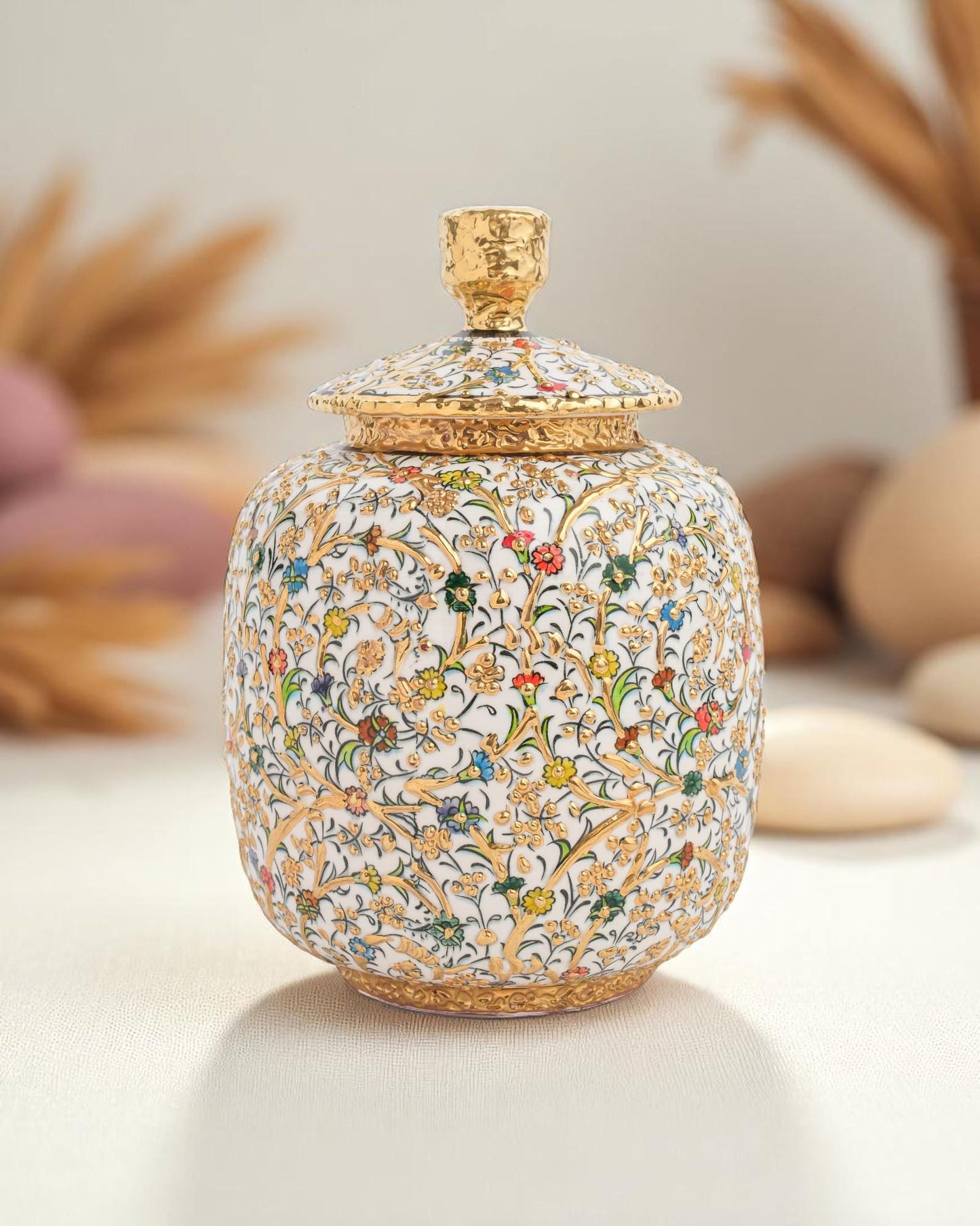 Hand Painted Turkish Ceramic Jar with 24K Gold: Ottoman Floral Lidded Pot