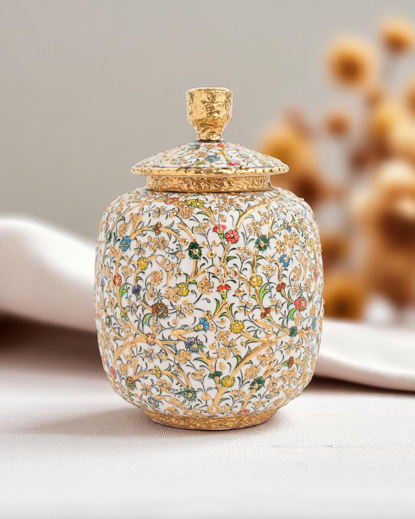 Hand Painted Turkish Ceramic Jar with 24K Gold: Ottoman Floral Lidded Pot