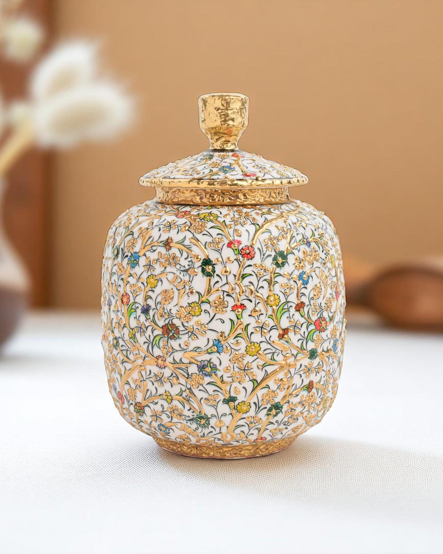 Hand Painted Turkish Ceramic Jar with 24K Gold: Ottoman Floral Lidded Pot