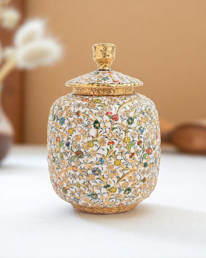 Hand Painted Turkish Ceramic Jar with 24K Gold: Ottoman Floral Lidded Pot