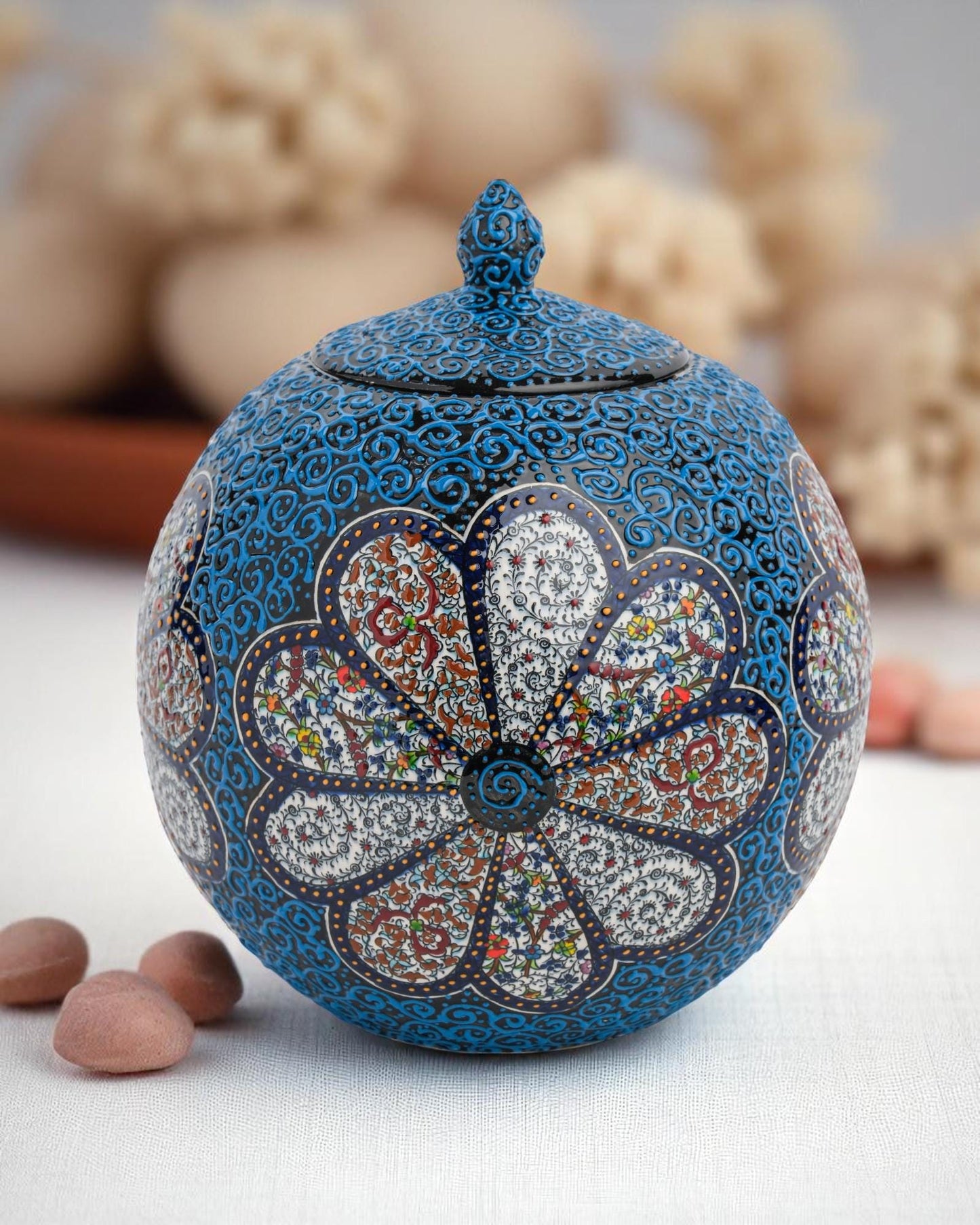 Handmade Ceramic Sphere: Blue Floral Ottoman Pottery Art