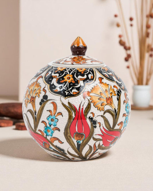 Handmade Ceramic Globe Jar: Ottoman Tulip Floral Pottery, Home Decor