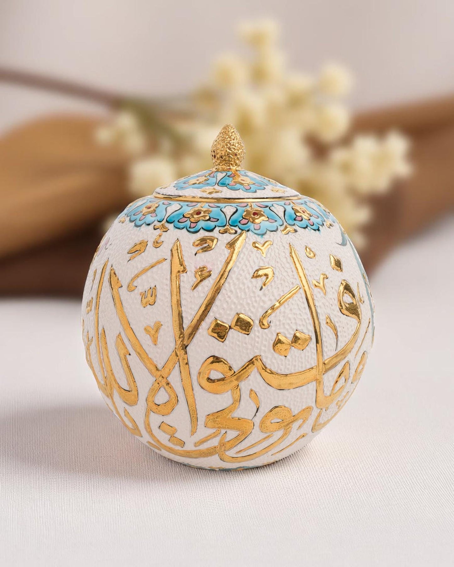 24K Gold Arabic Calligraphy Ceramic Globe: Islamic Art Decor