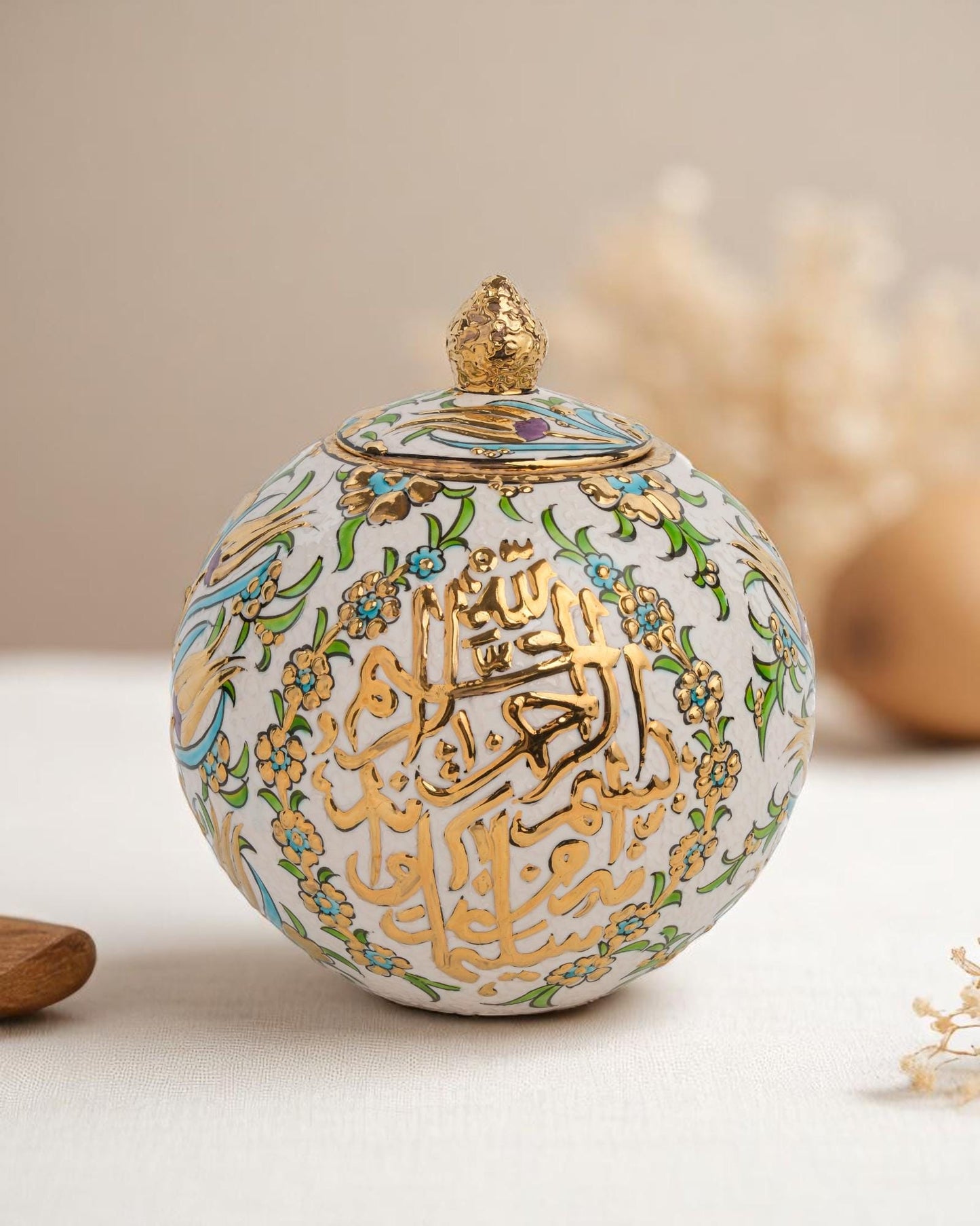 24K Gold Islamic Calligraphy Ceramic Globe: Ottoman Floral Pottery