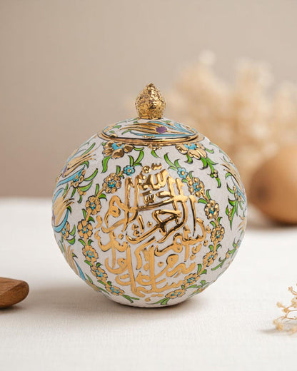 24K Gold Islamic Calligraphy Ceramic Globe: Ottoman Floral Pottery