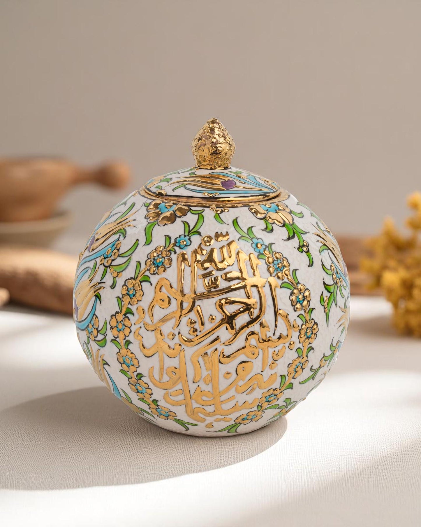 24K Gold Islamic Calligraphy Ceramic Globe: Ottoman Floral Pottery