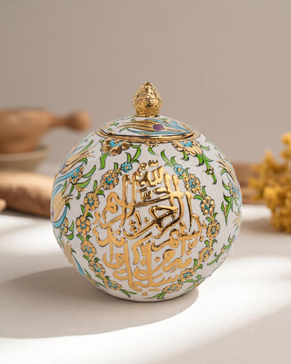 24K Gold Islamic Calligraphy Ceramic Globe: Ottoman Floral Pottery