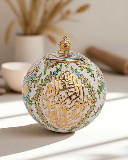 24K Gold Islamic Calligraphy Ceramic Globe: Ottoman Floral Pottery