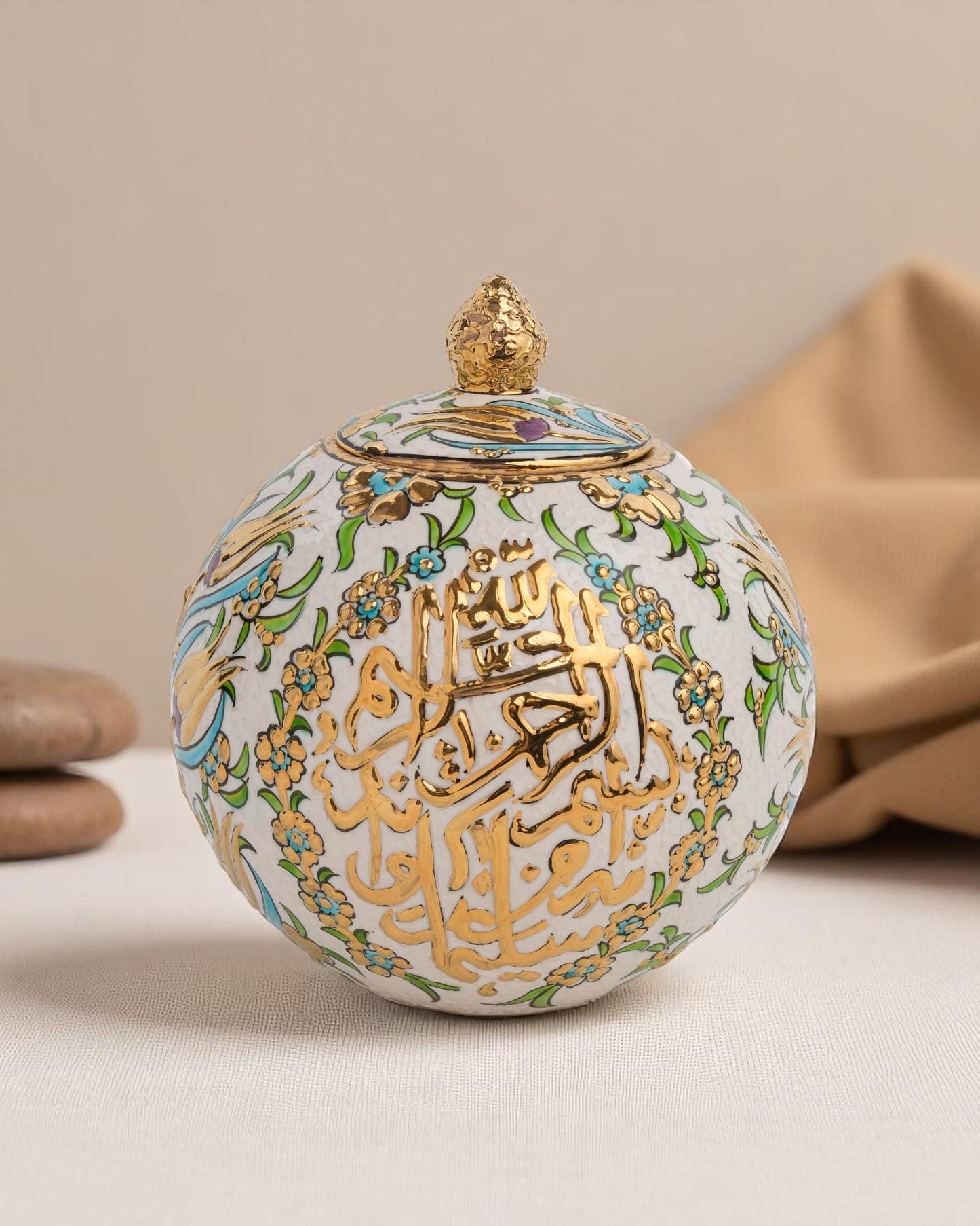 24K Gold Islamic Calligraphy Ceramic Globe: Ottoman Floral Pottery