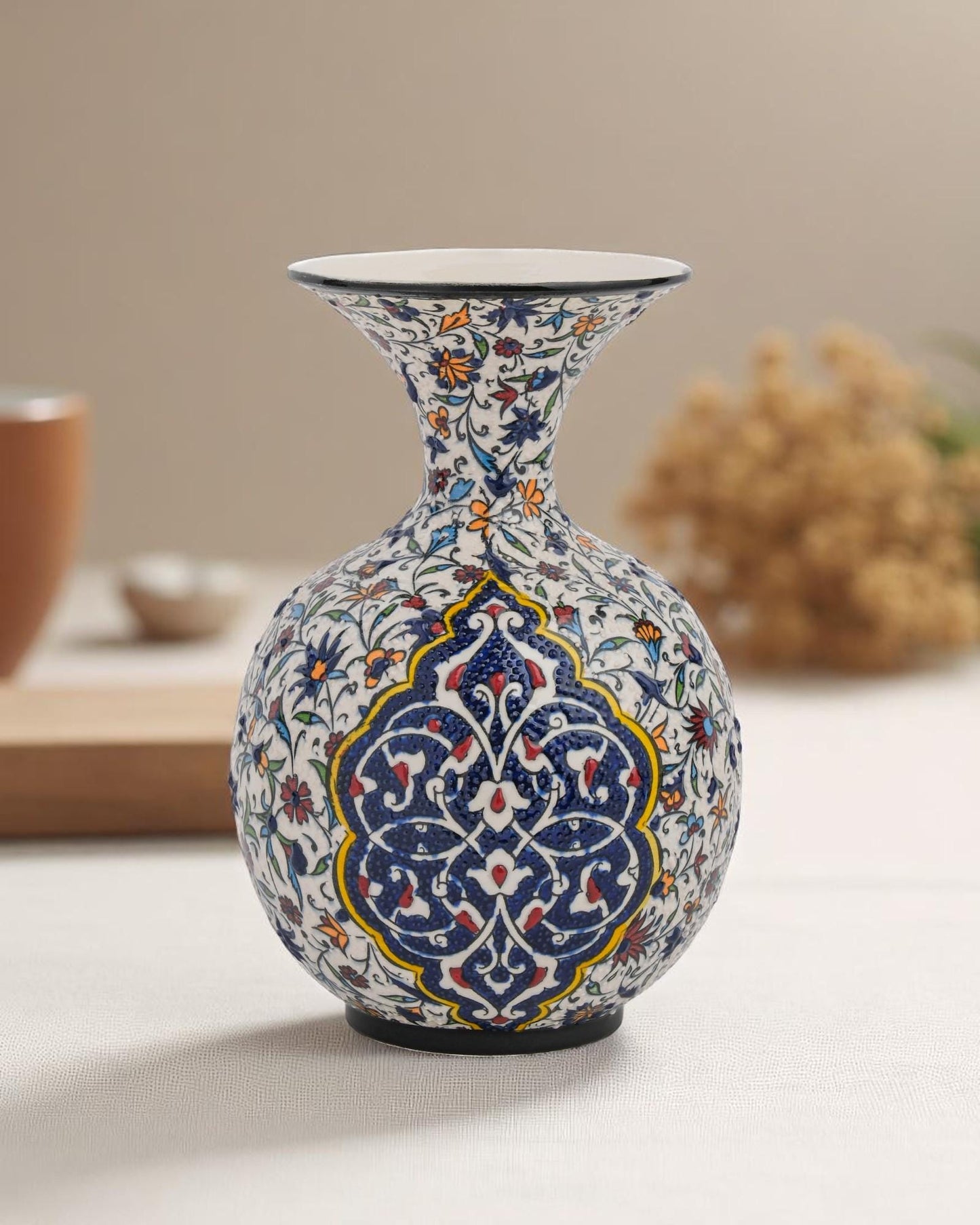 Handmade Iznik Ceramic Vase: Turkish Floral Pottery, Blue & Red