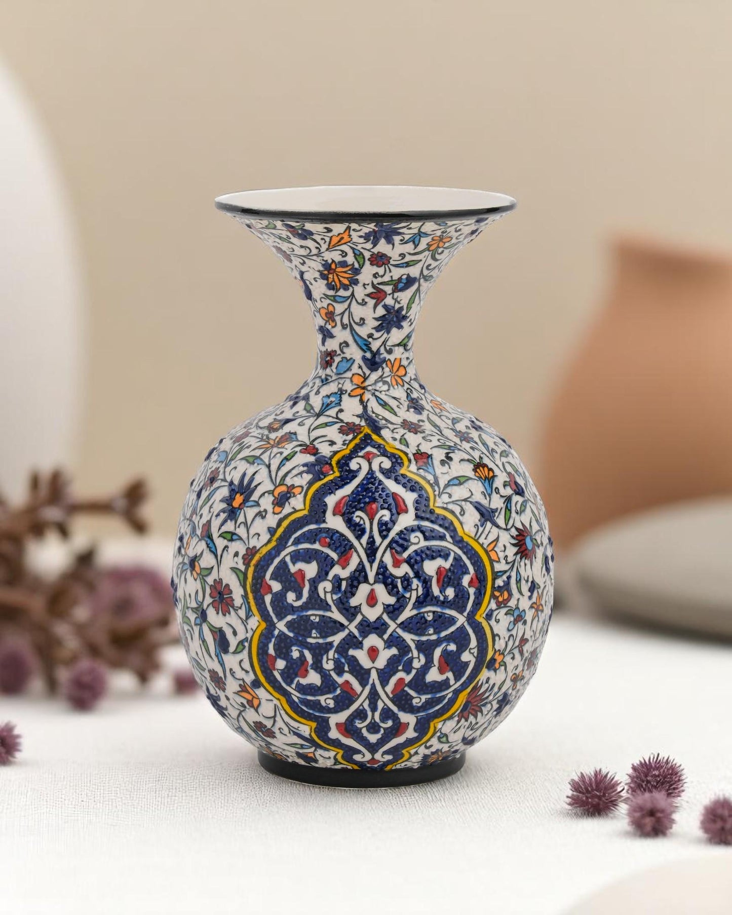 Handmade Iznik Ceramic Vase: Turkish Floral Pottery, Blue & Red