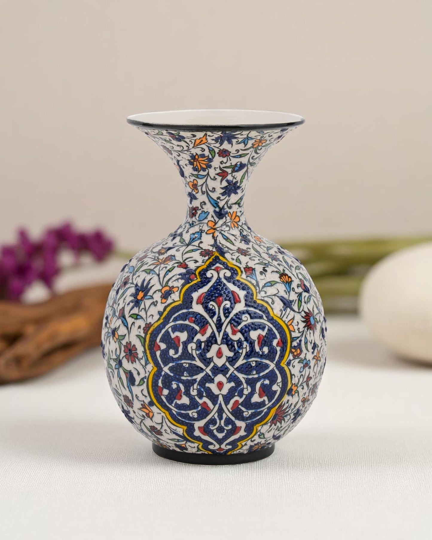 Handmade Iznik Ceramic Vase: Turkish Floral Pottery, Blue & Red