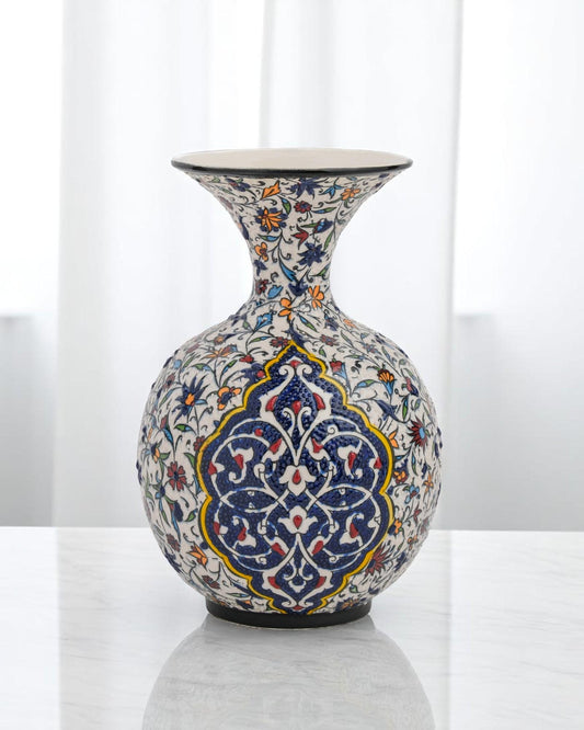 Handmade Iznik Ceramic Vase: Turkish Floral Pottery, Blue & Red