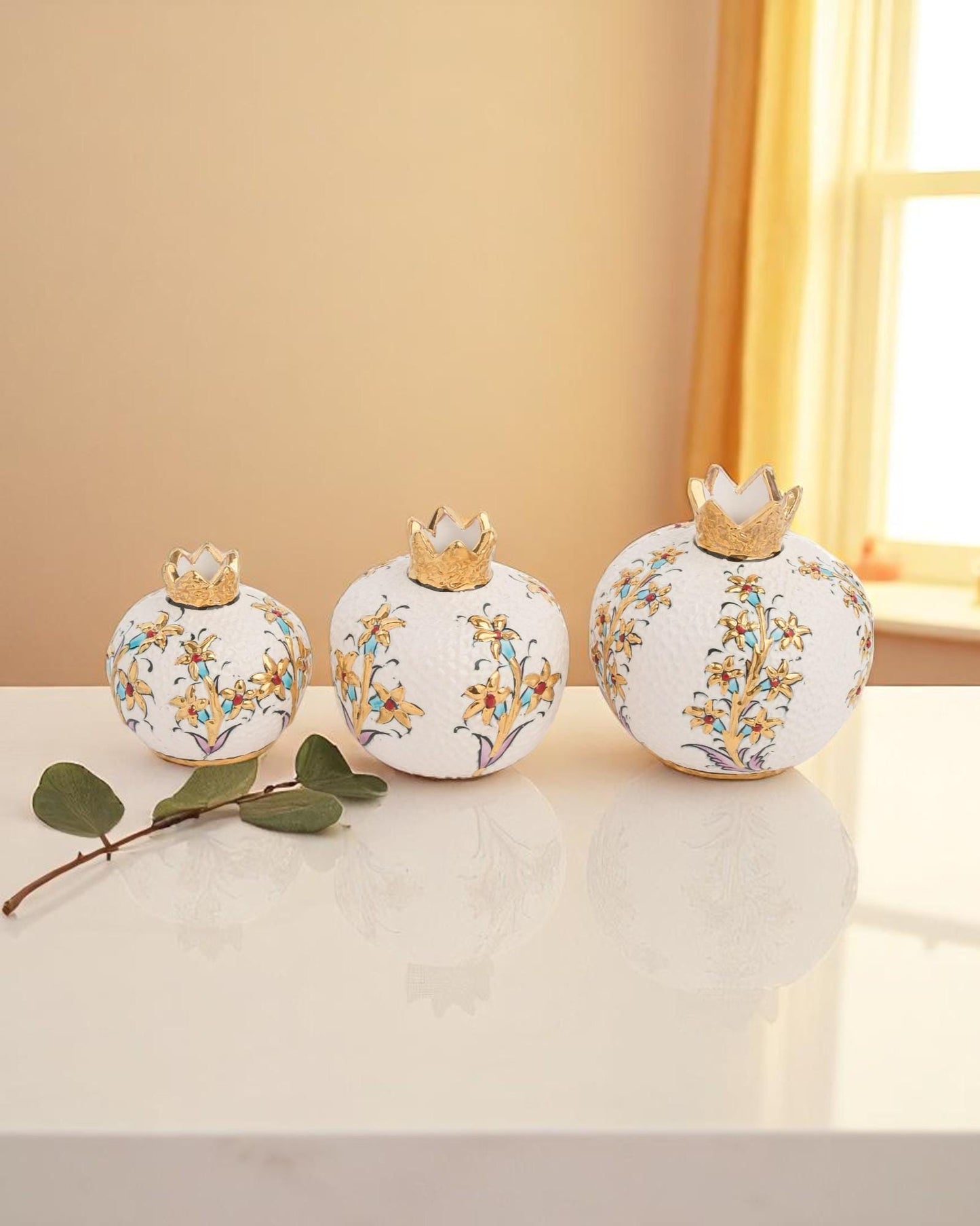 24K Gold Pomegranate Set, Signed 3-Piece Ceramic Decor, Luxury Symbol of Abundance