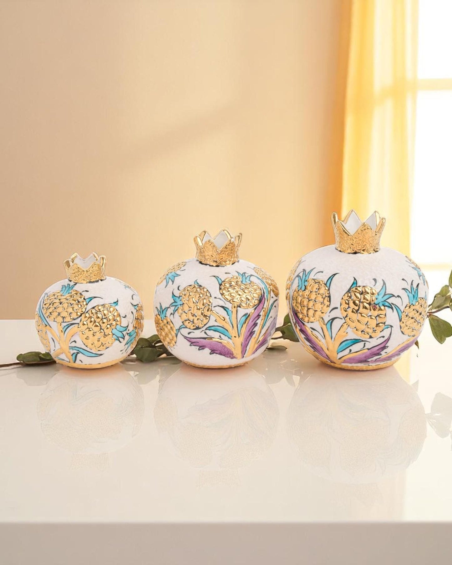 24K Gold Ceramic Pomegranate Set: Turkish Pottery Home Decor